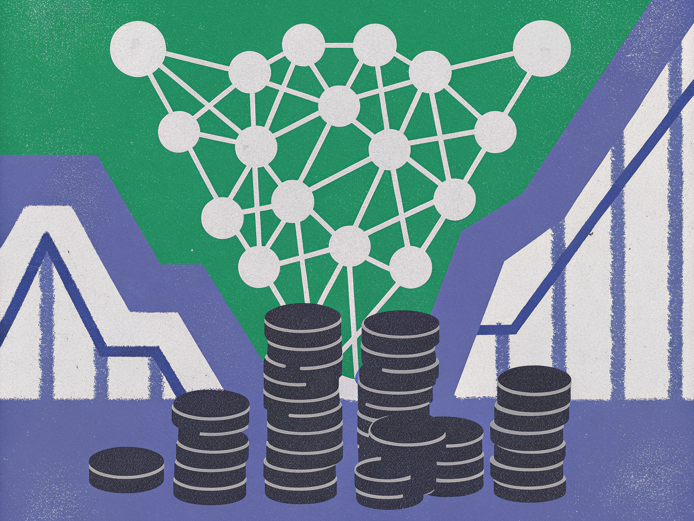 Neural network diagram above stacks of coins, with data graphs and charts in the background.