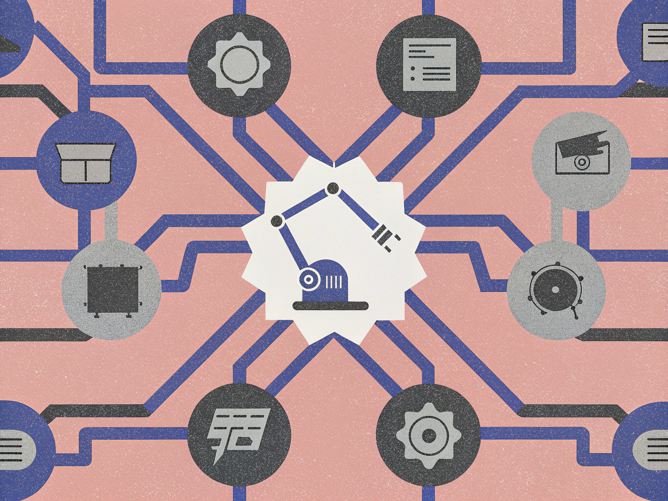 A robotic arm icon at the center, surrounded by and connected by lines to various circular icons representing industrial or smart components: a gear, a document, a security camera, a bell, a solar panel, and a box.