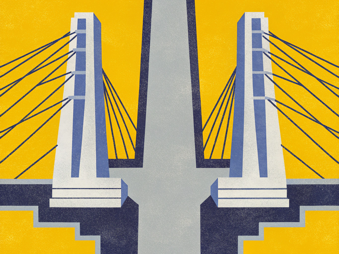 Stylized illustration of a cable-stayed bridge with two white and blue towers, a central grey roadway, and dark blue cables against a vibrant yellow background.