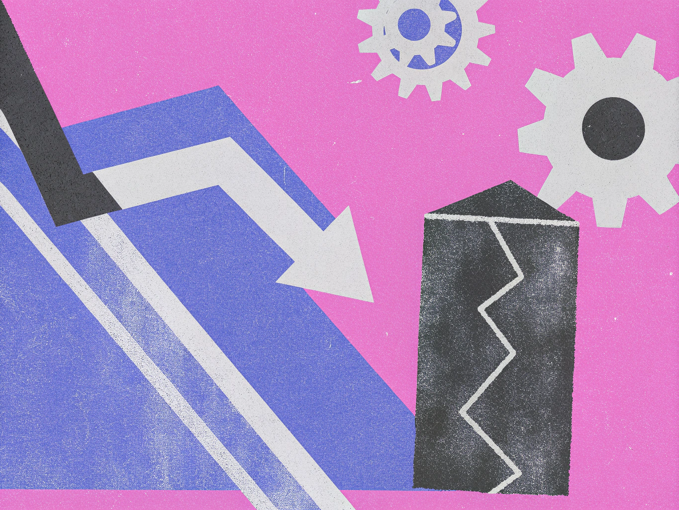 Abstract design featuring a downward-pointing white arrow over a blue area, a broken black house symbol with a zigzag line, and two grey gears, all on a textured pink background.