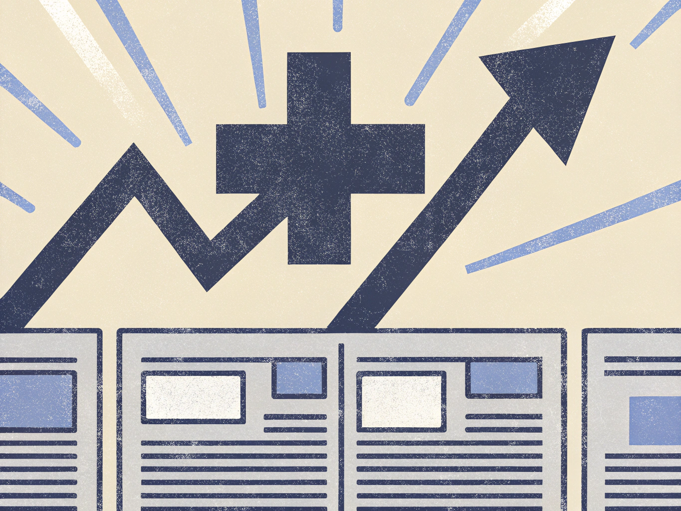 Open newspaper pages with a large plus sign and an upward-trending arrow, representing positive developments or growth.