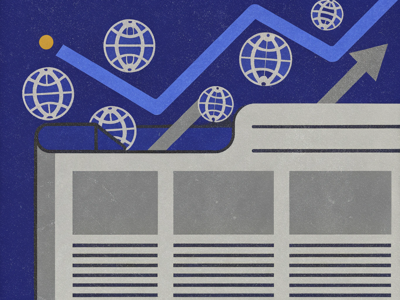 Conceptual illustration of global trends and data, featuring globe icons, an upward trending line, and a stylized document.
